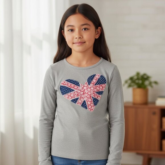 MINI BODEN Gray Long Sleeve Tee 9 10 Girls UK Union Jack Heart Applique - Picture 11 of 11